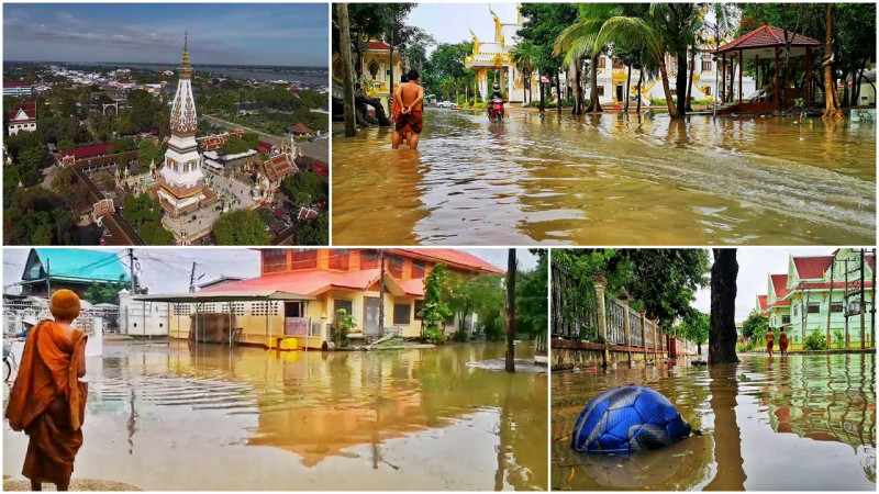 ฝนตกฟ้ารั่วทั้งคืน น้ำท่วมขัง "วัดพระธาตุพนม" เร่งสูบน้ำระบาย (คลิป)