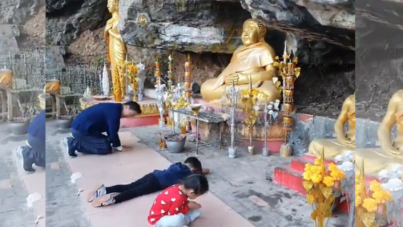 "น้องอลัน" ก้มกราบพระแบบสุดตัวข้างคุณพ่อ ชาวเน็ตเอ็นดูแรง หนูจำมาจากไหนลูก