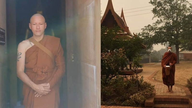 "พระเจสัน ยัง"   สวมหน้ากากออกบิณฑบาต ผลกระทบจากสถานการณ์ไฟป่า    