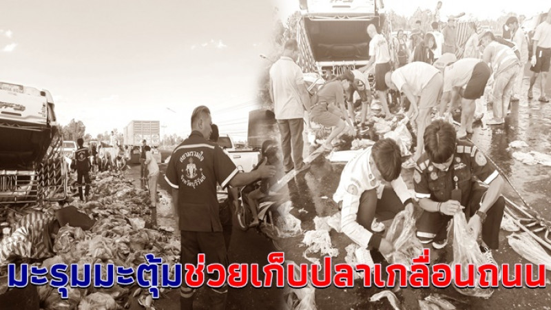 พ่อค้าปลาทึ่งน้ำใจชาวบ้าน ไร้ด่าทอ หลังขับกระบะพลิกคว่ำปลาเทกระจาดเกลื่อนถนน กลับพร้อมใจช่วยเก็บส่งคืนให้