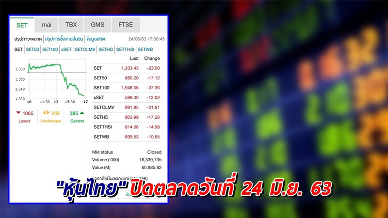 "หุ้นไทย" ปิดตลาดวันที่ 24 มิ.ย. 63 อยู่ที่ระดับ 1,333.43 จุด เปลี่ยนแปลง -23.00 จุด