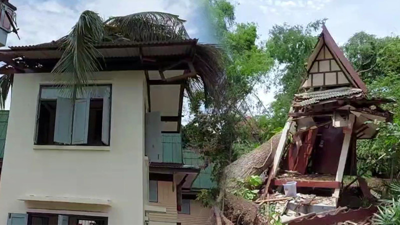 พายุถล่มสิงห์บุรี ต้นไม้ล้มทับกุฎิพระ-บ้านเรือนพังเสียหาย