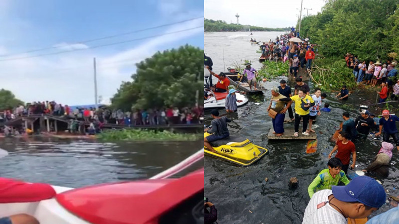 เผยนาทีระทึก "สะพานริมคลอง" ทรุดตัวถล่ม หลังคนยืนดูแข่งเรือยาว !