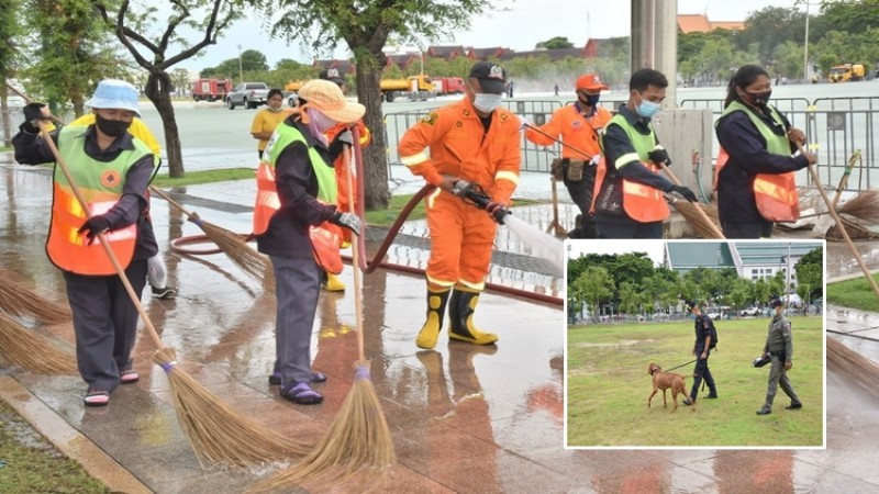 จนท. EOD -สุนัขตำรวจ ร่วมกทม.เข้าตรวจสอบ เร่งฟื้นฟูสนามหลวง หลังการชุมนุม