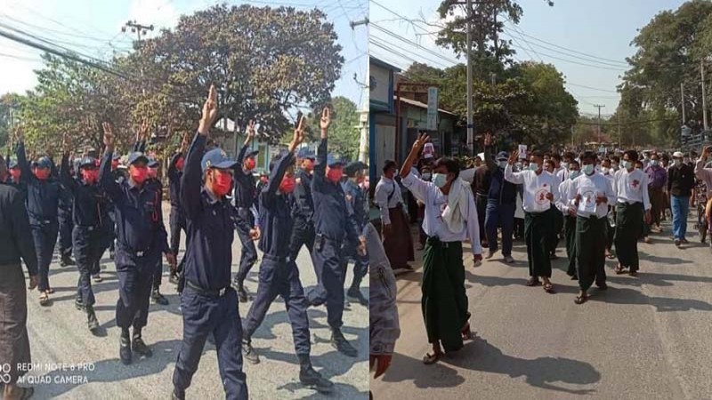 "ทหาร ตำรวจ ครู" ของพม่า ร่วมเดินขบวนต่อต้านไม่เอา "รัฐประหาร" !