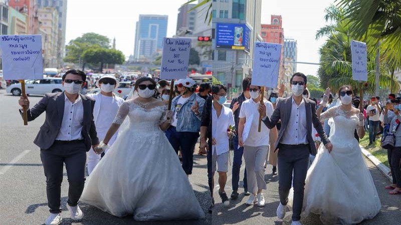 "บ่าวสาวพม่า" ออกมาประท้วง "งานแต่งรอได้ แต่เรื่องนี้รอไม่ได้" แห่แชร์ทั่วโลก !