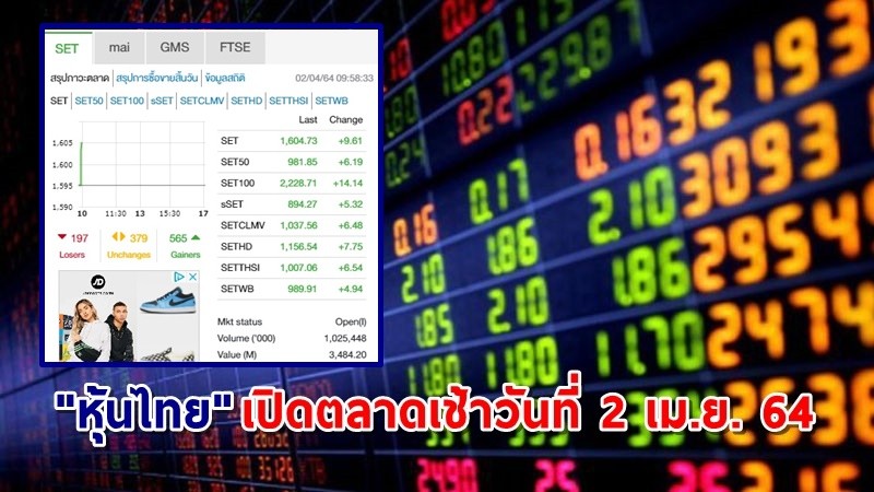 "หุ้นไทย" เปิดตลาดเช้าวันที่ 2 เม.ย. 64 อยู่ที่ระดับ 1,604.73 จุด เปลี่ยนแปลง 9.61 จุด