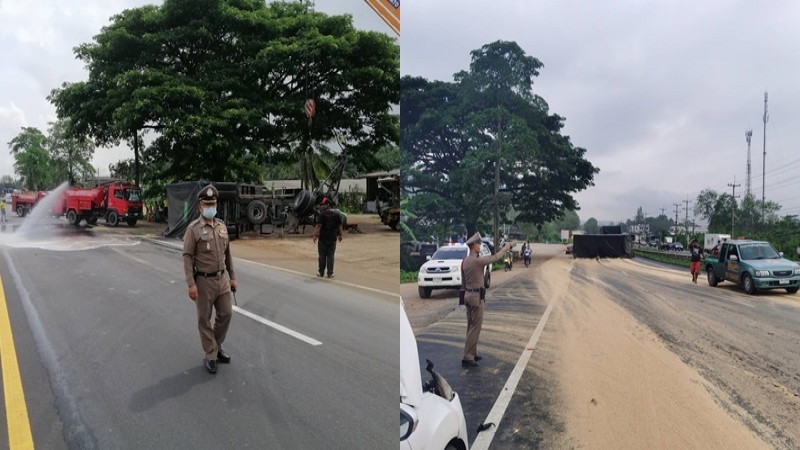 รถพ่วงบรรทุกทราย คว่ำขวางถนนที่ชุมพรขาล่องใต้