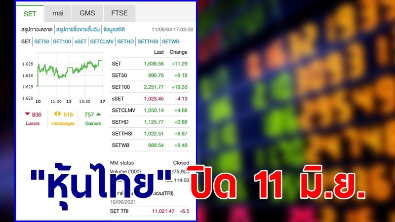 "หุ้นไทย" ปิดตลาดวันที่ 11 มิ.ย. 64 อยู่ที่ระดับ 1,636.56 จุด เปลี่ยนแปลง 11.29 จุด