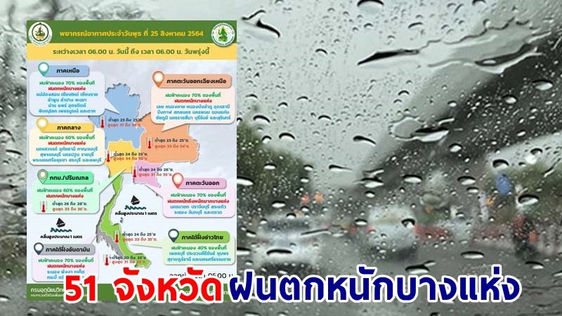 อุตุฯ เตือน ! "51 จังหวัด" มีฝนตกหนักบางแห่ง เสี่ยงน้ำท่วมฉับพลัน - น้ำป่าไหลหลาก