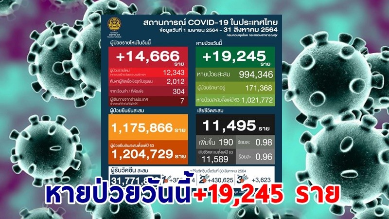 "ศบค." แถลงพบผู้ป่วยติดเชื้อโควิด-19 ประจำวันที่ 31 ส.ค. 64 เพิ่มขึ้น 14,666 ราย หายป่วย 17,281 ราย