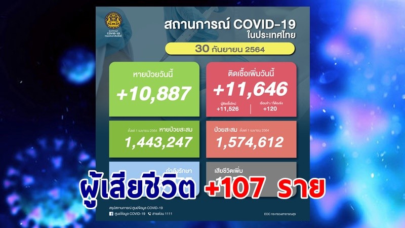 ด่วน ! วันนี้พบ "ผู้ติดเชื้อโควิด" เพิ่มอีก 11,646 ราย เสียชีวิต 107 ราย หายป่วยกลับบ้าน 10,887 ราย