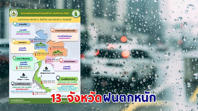 อุตุฯ เตือน ! "13 จังหวัดภาคใต้" ฝนตกหนักถึงหนักมากบางพื้นที่ เสี่ยงน้ำท่วมฉับพลัน - น้ำป่าไหลหลาก