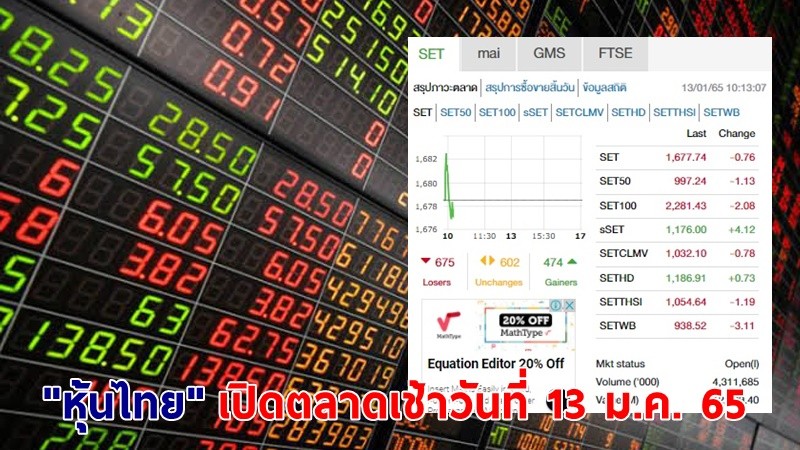 "หุ้นไทย" เปิดตลาดเช้าวันที่ 13 ม.ค. 65 อยู่ที่ระดับ 1,677.74 จุด เปลี่ยนแปลง 0.76 จุด