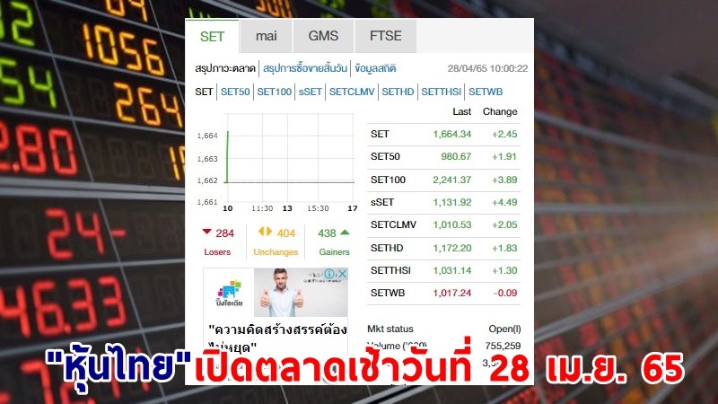 "หุ้นไทย" เปิดตลาดเช้าวันที่ 28 เม.ย. 65 อยู่ที่ระดับ 1,664.34 จุด เปลี่ยนแปลง 2.45 จุด