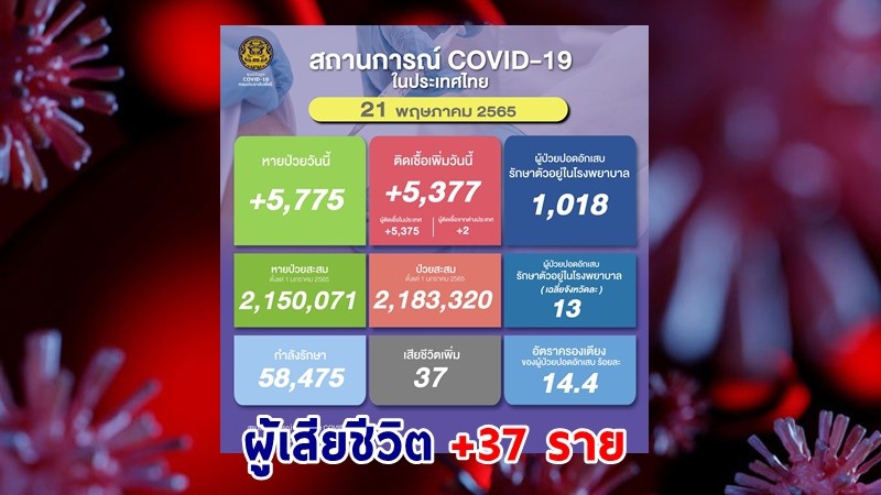 ด่วน ! วันนี้พบ "ผู้ติดเชื้อโควิด" เพิ่มอีก 5,377 ราย เสียชีวิต 37 ราย หายป่วยกลับบ้าน 5,775 ราย