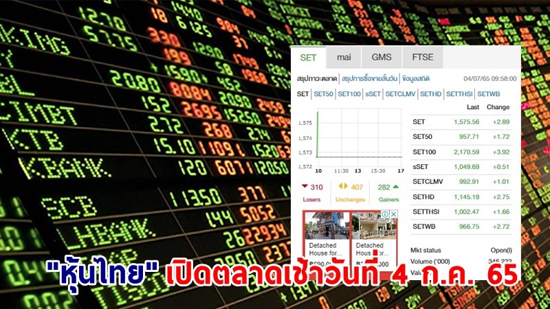 "หุ้นไทย" เปิดตลาดเช้าวันที่ 4 ก.ค. 65 อยู่ที่ระดับ 1,575.56 จุด เปลี่ยนแปลง 2.89 จุด