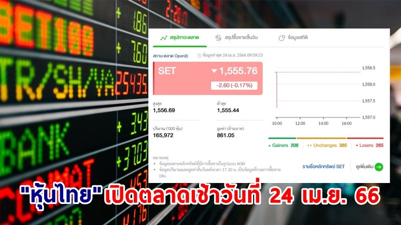 "หุ้นไทย" เช้าวันที่ 24 เม.ย. 66 อยู่ที่ระดับ 1,555.76 จุด เปลี่ยนแปลง 2.60 จุด