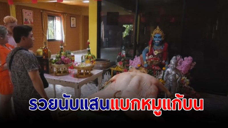 ต่างชาติดวงเฮง แบกหมูสดแก้บนแม่ผีเสือสมุทร หลังได้โชคนับแสน