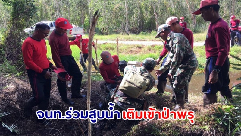 จนท.สถานีควบคุมไฟป่าทะเลน้อย ร่วมสูบน้ำเติมเข้าป่าพรุ และลาดตระเวนป้องกันไฟ