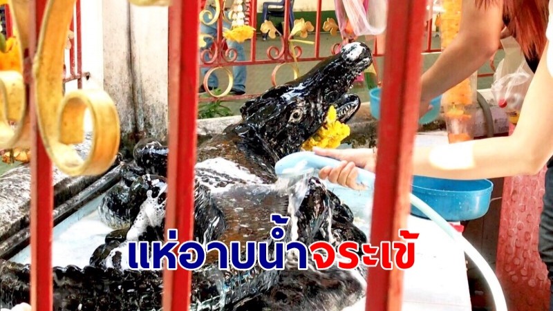 คลื่นมหาชนหลั่งไหล "อาบน้ำจระเข้" พร้อมส่องเลขธูป ไปเสี่ยงโชค