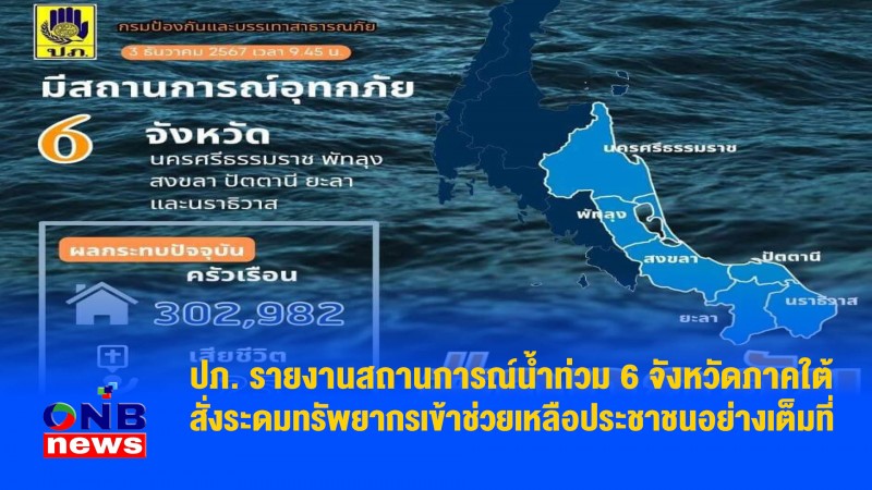 ปภ. รายงานสถานการณ์น้ำท่วม 6 จังหวัดภาคใต้ สั่งระดมทรัพยากรเข้าช่วยเหลือประชาชนอย่างเต็มที่