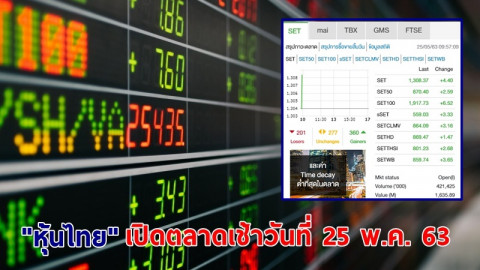"หุ้นไทย" เปิดตลาดเช้าวันที่ 25 พ.ค. 63 อยู่ที่ระดับ 1,635.89 จุด เปลี่ยนแปลง +4.40 จุด
