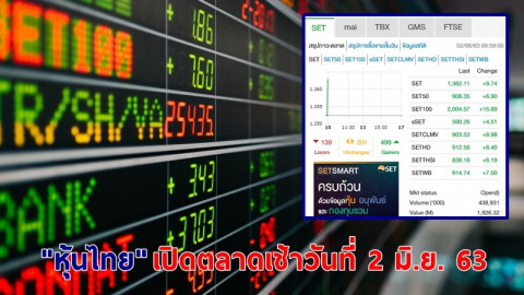 "หุ้นไทย" เปิดตลาดเช้าวันที่ 2 มิ.ย. 63 อยู่ที่ระดับ 1,362.11 จุด เปลี่ยนแปลง +9.74 จุด