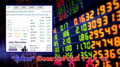 "หุ้นไทย" เปิดตลาดเช้าวันที่ 7 ก.ค. 63 อยู่ที่ระดับ 1,374.74 จุด เปลี่ยนแปลง +0.61 จุด