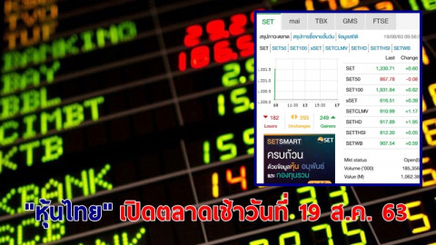 "หุ้นไทย" เปิดตลาดเช้าวันที่ 19 ส.ค. 63 อยู่ที่ระดับ 1,330.71 จุด เปลี่ยนแปลง +0.60 จุด