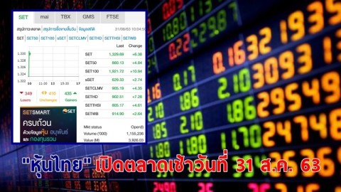 "หุ้นไทย" เปิดตลาดเช้าวันที่ 31 ส.ค. 63 อยู่ที่ระดับ 1,329.69 จุด เปลี่ยนแปลง +6.38 จุด