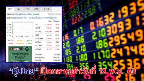 "หุ้นไทย" เปิดตลาดเช้าวันที่ 12 พ.ย. 63 อยู่ที่ระดับ 1,338.59 จุด เปลี่ยนแปลง 6.75 จุด
