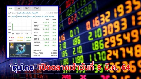"หุ้นไทย" เปิดตลาดเช้าวันที่ 9 มี.ค. 64 อยู่ที่ระดับ 1,552.44 จุด เปลี่ยนแปลง 8.68 จุด