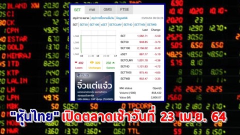 "หุ้นไทย" เปิดตลาดเช้าวันที่ 23 เม.ย. 64 อยู่ที่ระดับ 1,562.71 จุด เปลี่ยนแปลง 5.50 จุด