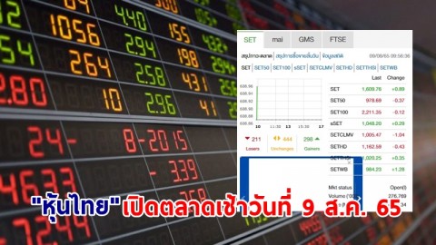 "หุ้นไทย" เปิดตลาดเช้าวันที่ 9 ส.ค. 65 อยู่ที่ระดับ 1,609.76 จุด เปลี่ยนแปลง 0.89  จุด