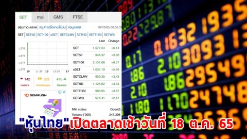 "หุ้นไทย" เปิดตลาดเช้าวันที่ 18 ต.ค. 65 อยู่ที่ระดับ 1,5773.54 จุด เปลี่ยนแปลง 6.14 จุด