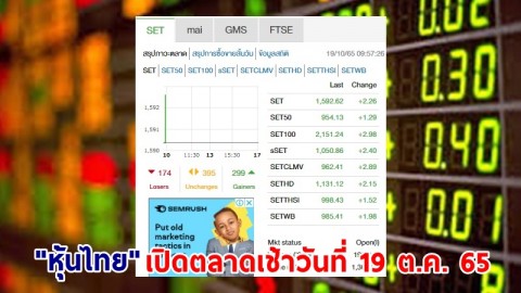 "หุ้นไทย" เปิดตลาดเช้าวันที่ 19 ต.ค. 65 อยู่ที่ระดับ 1,592.62 จุด เปลี่ยนแปลง 2.26 จุด