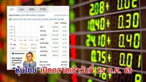 "หุ้นไทย" เปิดตลาดเช้าวันที่ 25 ต.ค. 65 อยู่ที่ระดับ 1,598.29 จุด เปลี่ยนแปลง 6.97 จุด