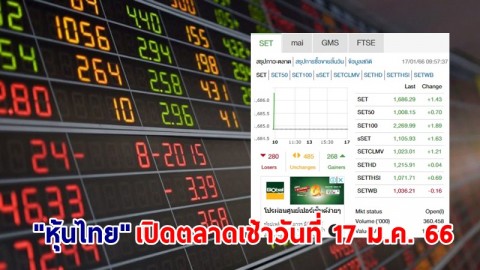 "หุ้นไทย" เช้าวันที่ 17 ม.ค. 66 อยู่ที่ระดับ 1,686.29 จุด เปลี่ยนแปลง 1.43 จุด