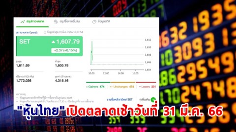 "หุ้นไทย" เช้าวันที่ 31 มี.ค. 66 อยู่ที่ระดับ 1,607.79 จุด เปลี่ยนแปลง 2.37 จุด