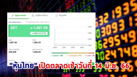 "หุ้นไทย" เช้าวันที่ 14 มิ.ย. 66 อยู่ที่ระดับ 1,567.29 จุด เปลี่ยนแปลง 4.89 จุด