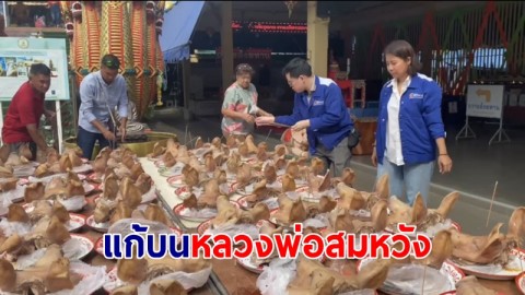 สาวเมืองกาญนำหัวหมู 102 หัว แก้บนหลวงพ่อสมหวัง หลังได้รับงานเขียนแบบก่อสร้างงานใหญ่โครงการรัฐ